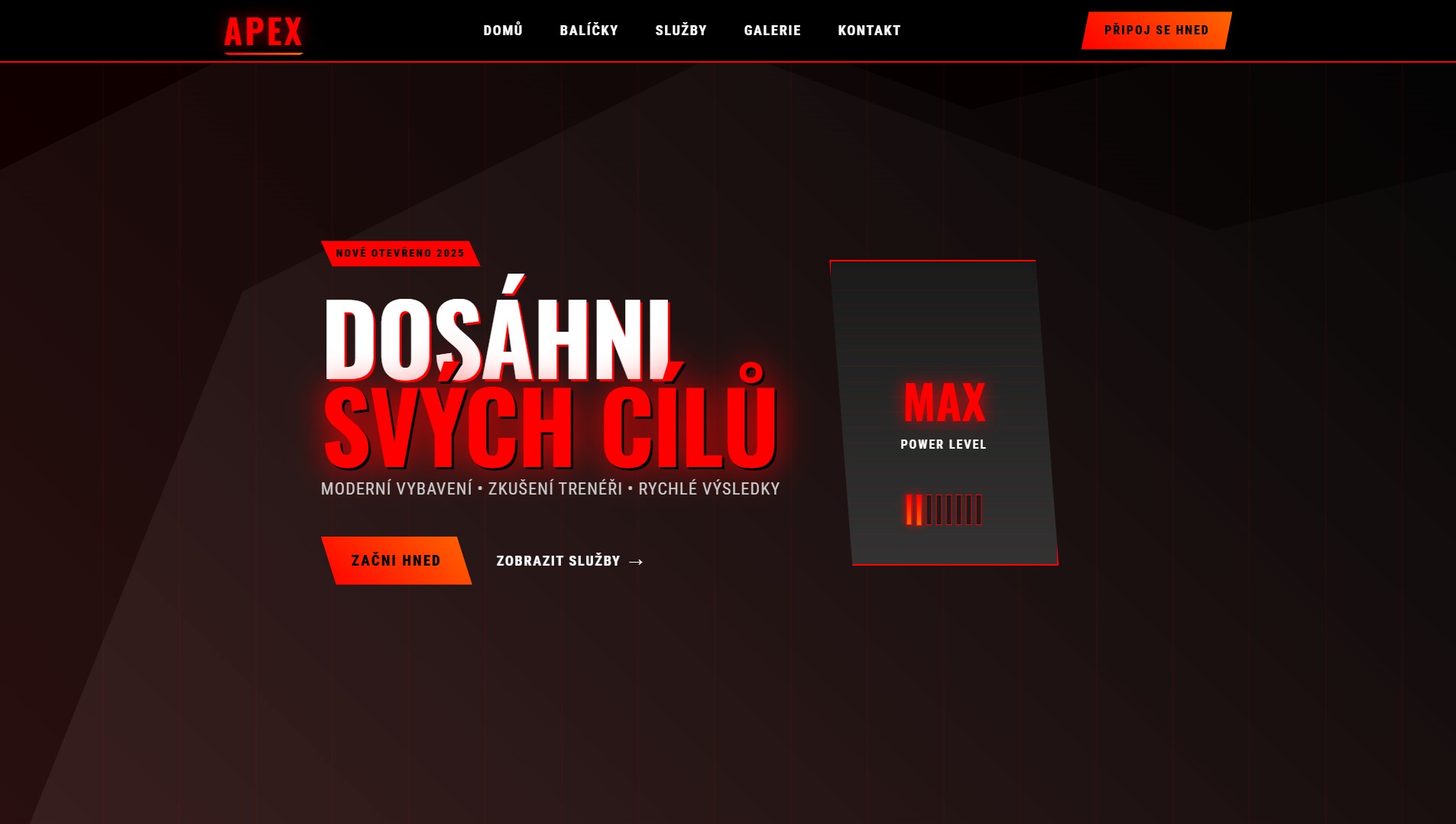 Demo webové stránky pro fitness centrum APEX GYM - tmavý design s červenými akcenty