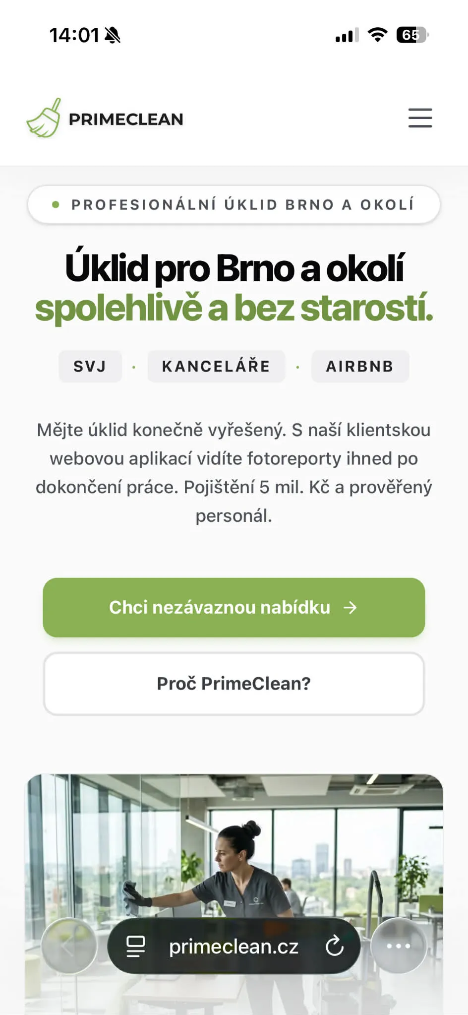 PrimeClean — mobilní verze webu na míru od Webresent